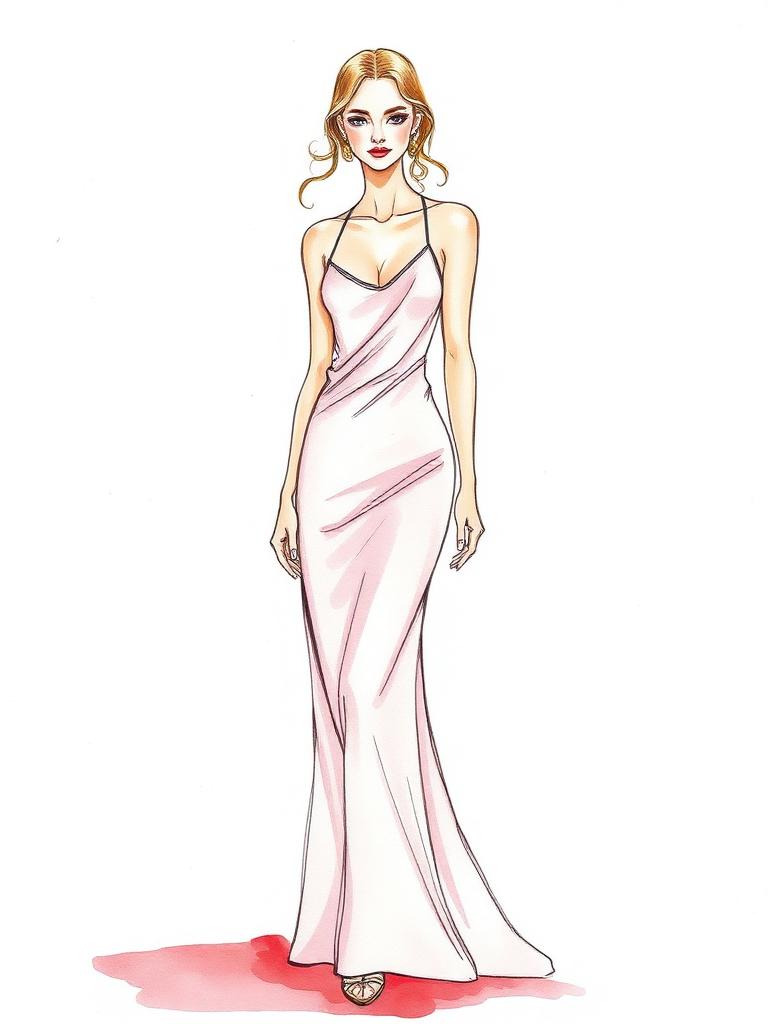 Fashion-Illustration 1995: Premiere — Slip Dress in Rosé — Der fließend geschnittene Slip in Rosé steht stellvertretend für den Minimalismus der Calvin-Klein-Ära — schmale Träger, blasse Töne und kaum sichtbares Make-up.