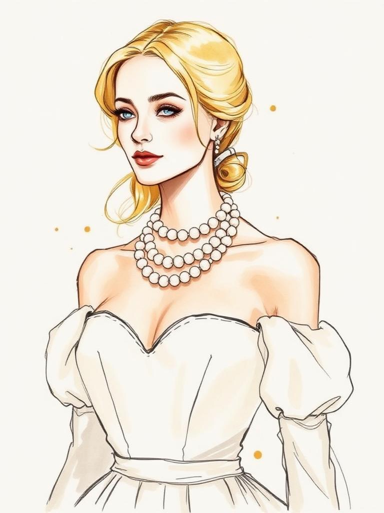 Fashion-Illustration 1998: Shakespeare in Love — Pearls & Puff Sleeves — Perlen, Puffärmel und gedeckte Rosétöne wirken wie ein Echo auf Viola — eine bewusste Brücke zwischen Filmrolle und Red Carpet.