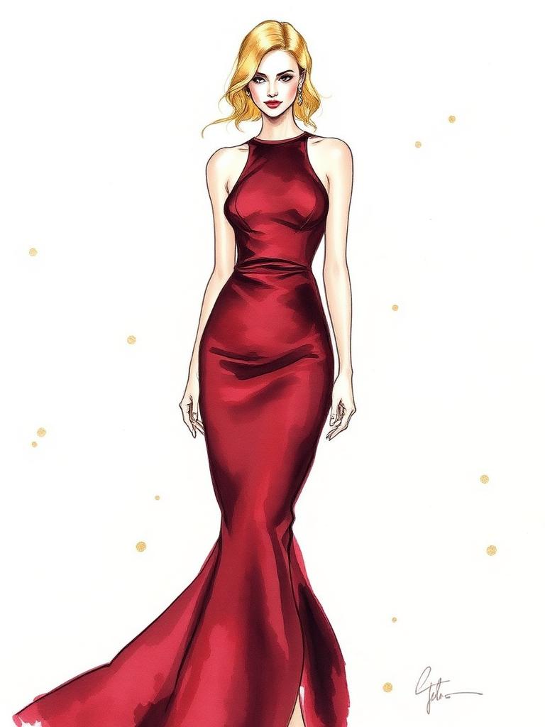 Fashion-Illustration 2000: Mr. Ripley — Burgunder Couture — Tiefes Burgunderrot, schmale Silhouette, dezenter Schmuck: ein Look, der den Übergang vom Slip-Dress der späten 90er zur Couture der frühen 2000er markiert.