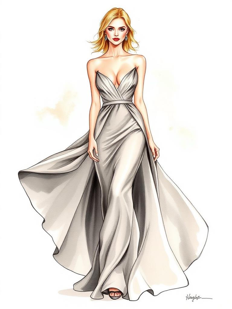 Fashion-Illustration 2008: Iron Man — Silbergrau auf dem Red Carpet — Metallisches Silbergrau, klare Linien und ein architektonischer Ausschnitt verweisen auf das technologische Setting des Films — Tony Starks Welt, übersetzt in Mode.