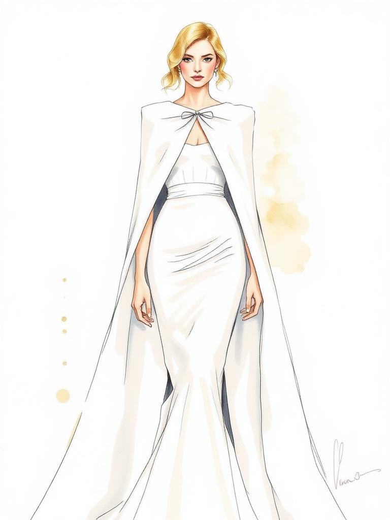 Fashion-Illustration 2012: Met Gala — Tom Ford Cape Gown — Ein bodenlanges Cape-Kleid von Tom Ford in tiefem Anthrazit — strenge Schulterlinie, dramatisches Volumen und makelloses Tailoring.