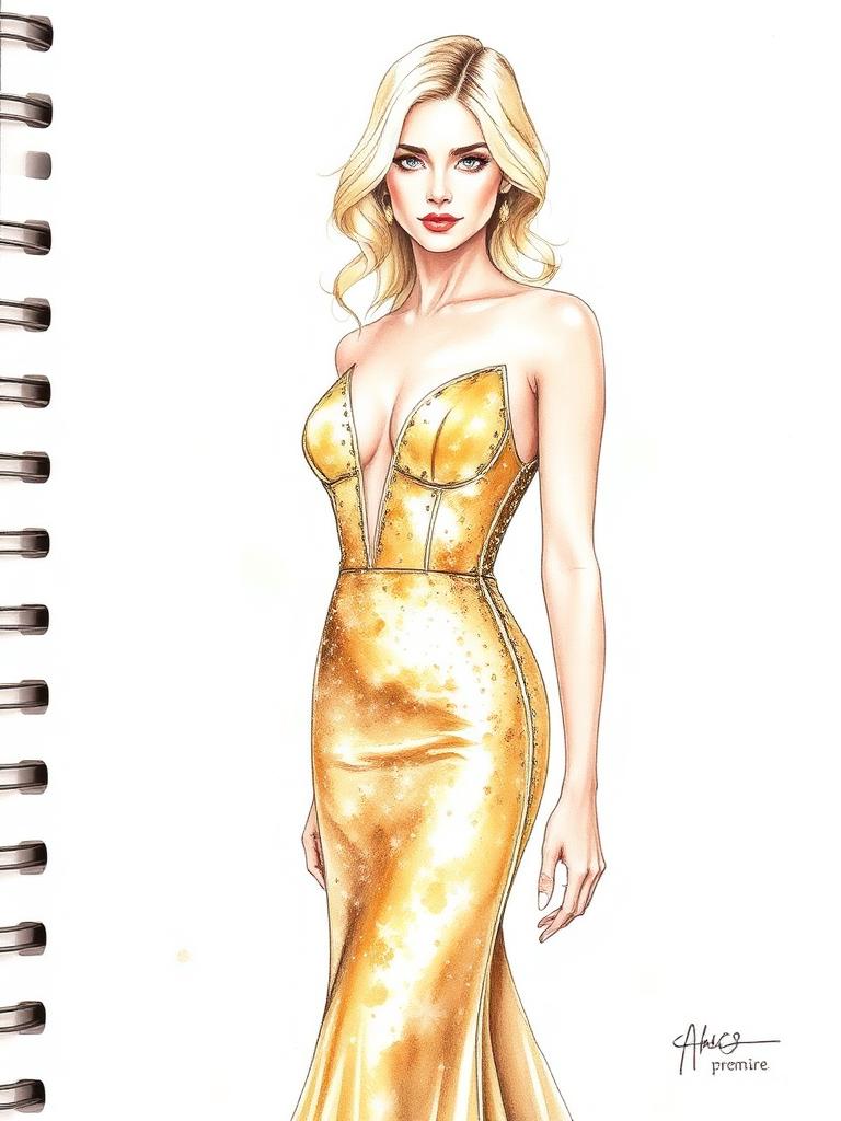 Fashion-Illustration 2019: Avengers: Endgame — Gold Sequins — Goldene Pailletten, fließender Fall und körpernaher Schnitt: ein Look, der das Heldinnenhafte der Rolle in Couture übersetzt.